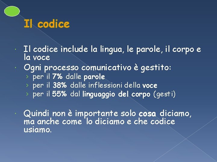 Il codice include la lingua, le parole, il corpo e la voce Ogni processo Il codice include la lingua, le parole, il corpo e la voce Ogni processo