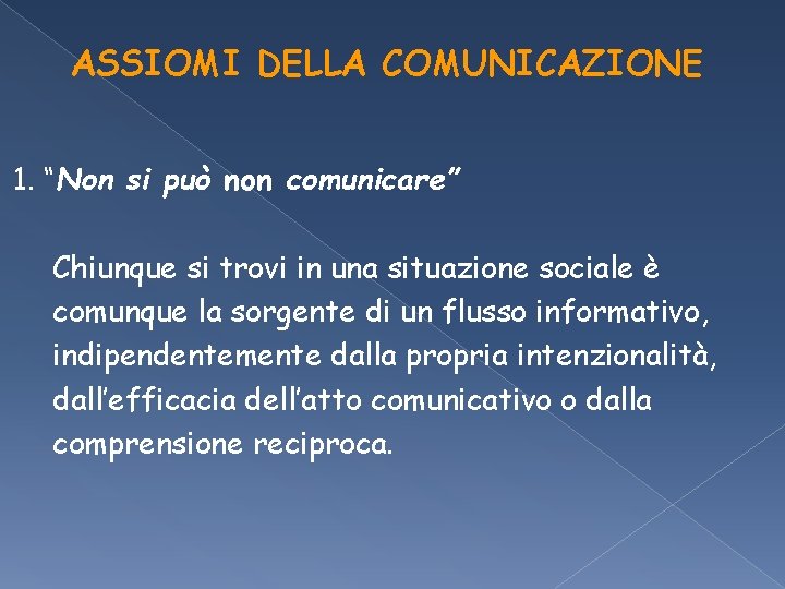 ASSIOMI DELLA COMUNICAZIONE 1. “Non si può non comunicare” Chiunque si trovi in una ASSIOMI DELLA COMUNICAZIONE 1. “Non si può non comunicare” Chiunque si trovi in una
