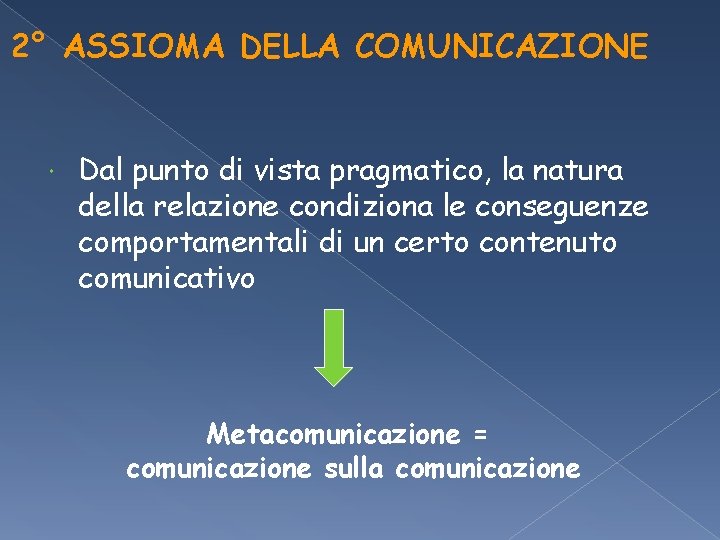 2° ASSIOMA DELLA COMUNICAZIONE Dal punto di vista pragmatico, la natura della relazione condiziona 2° ASSIOMA DELLA COMUNICAZIONE Dal punto di vista pragmatico, la natura della relazione condiziona