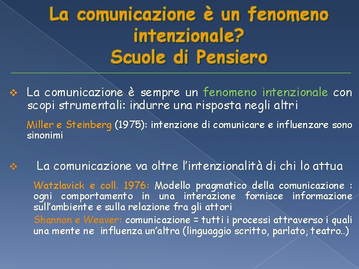 La comunicazione è un fenomeno intenzionale? Scuole di Pensiero v La comunicazione è sempre La comunicazione è un fenomeno intenzionale? Scuole di Pensiero v La comunicazione è sempre