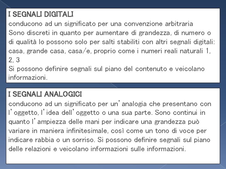 I SEGNALI DIGITALI conducono ad un significato per una convenzione arbitraria Sono discreti in I SEGNALI DIGITALI conducono ad un significato per una convenzione arbitraria Sono discreti in