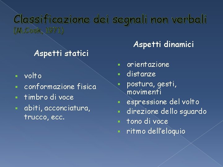 Classificazione dei segnali non verbali (M. Cook, 1971) Aspetti dinamici Aspetti statici § volto Classificazione dei segnali non verbali (M. Cook, 1971) Aspetti dinamici Aspetti statici § volto