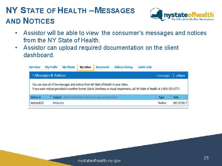 NY STATE OF HEALTH – MESSAGES AND NOTICES • Assistor will be able to