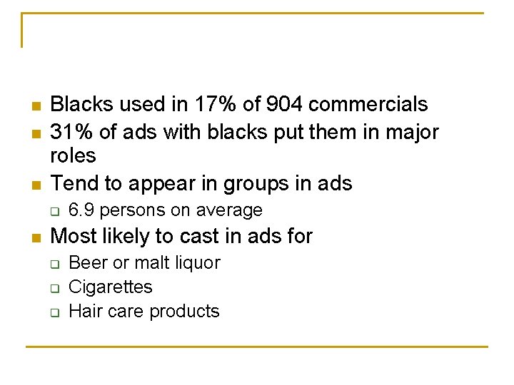 n n n Blacks used in 17% of 904 commercials 31% of ads with