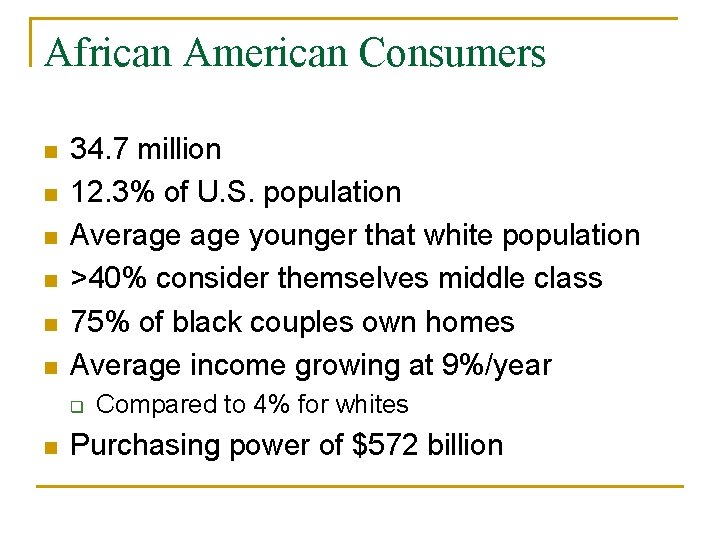 African American Consumers n n n 34. 7 million 12. 3% of U. S.