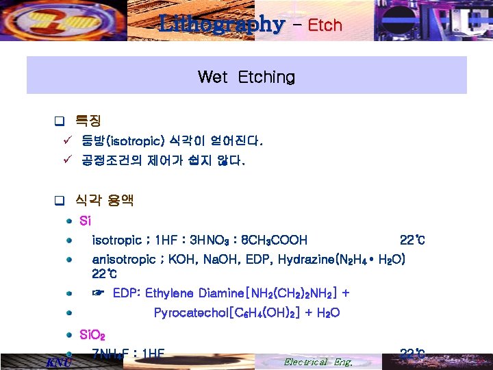 Lithography - Etch Wet Etching q 특징 ü 등방(isotropic) 식각이 얻어진다. ü 공정조건의 제어가
