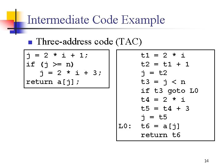 Intermediate Code Example n Three-address code (TAC) j = 2 * i + 1;