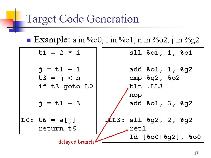 Target Code Generation n Example: a in %o 0, i in %o 1, n