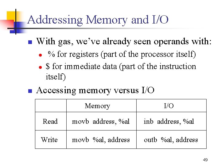 Addressing Memory and I/O n With gas, we’ve already seen operands with: l l