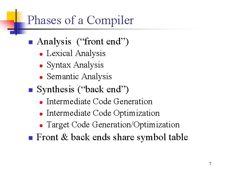 Phases of a Compiler n Analysis (“front end”) l l l n Synthesis (“back