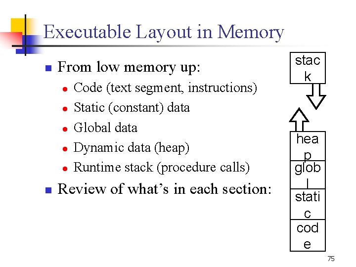 Executable Layout in Memory n From low memory up: l l l n Code