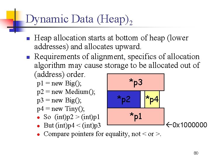Dynamic Data (Heap)2 n n Heap allocation starts at bottom of heap (lower addresses)