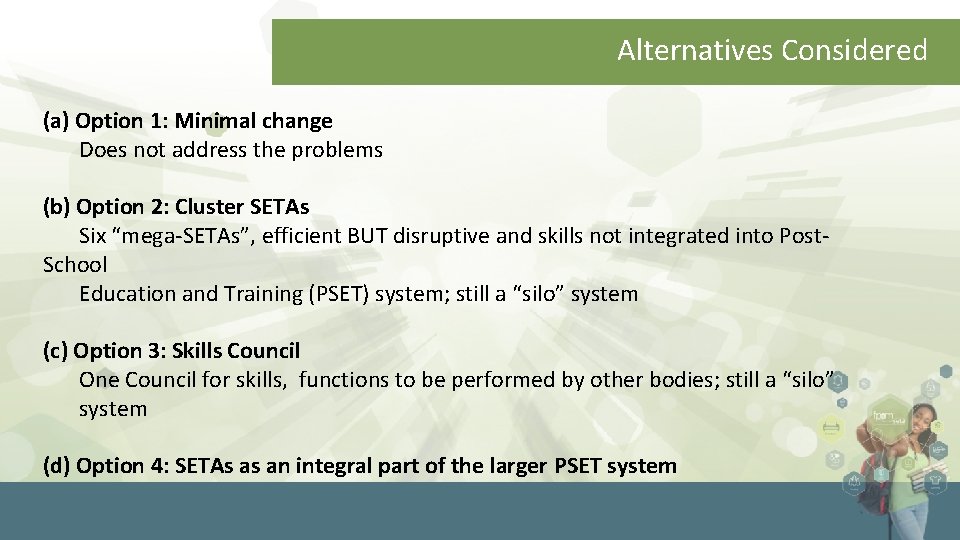 Alternatives Considered (a) Option 1: Minimal change Does not address the problems (b) Option