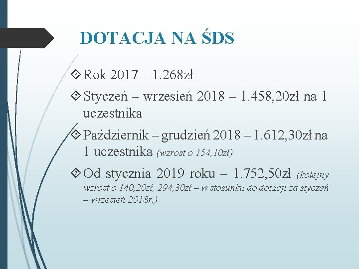 DOTACJA NA ŚDS Rok 2017 – 1. 268 zł Styczeń – wrzesień 2018 – DOTACJA NA ŚDS Rok 2017 – 1. 268 zł Styczeń – wrzesień 2018 –