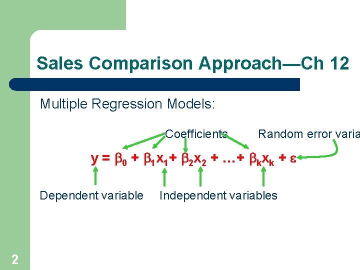 Sales Comparison Approach—Ch 12 Multiple Regression Models: Coefficients Random error varia y = b