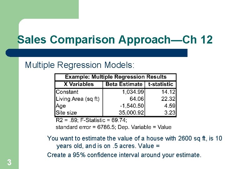 Sales Comparison Approach—Ch 12 Multiple Regression Models: 3 You want to estimate the value