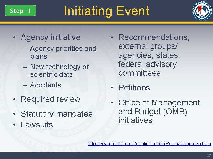 Initiating Event • Agency initiative – Agency priorities and plans – New technology or