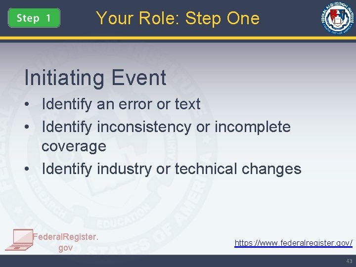 Your Role: Step One Initiating Event • Identify an error or text • Identify
