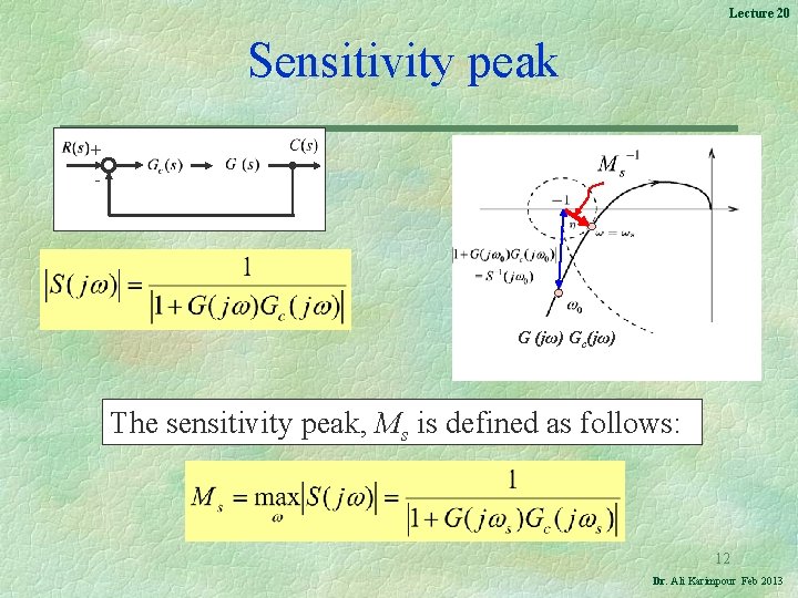 Lecture 20 Sensitivity peak + - G (jω) Gc(jω) The sensitivity peak, Ms is