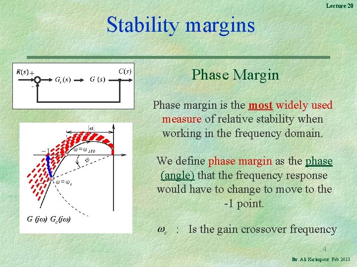 Lecture 20 Stability margins Phase Margin + - Phase margin is the most widely