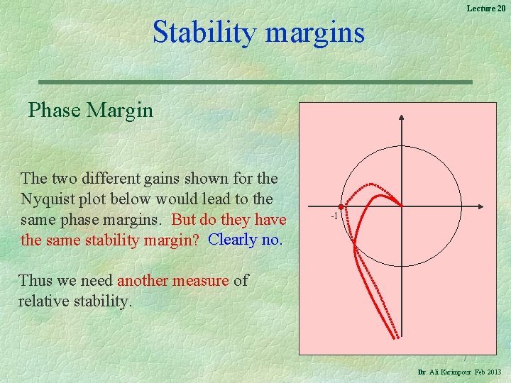 Lecture 20 Stability margins Phase Margin The two different gains shown for the Nyquist