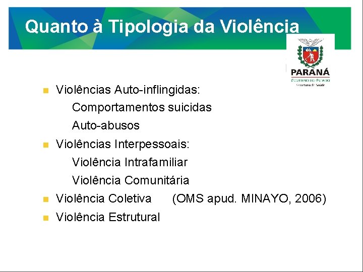 Quanto à Tipologia da Violências Auto-inflingidas: – Comportamentos suicidas – Auto-abusos Violências Interpessoais: –