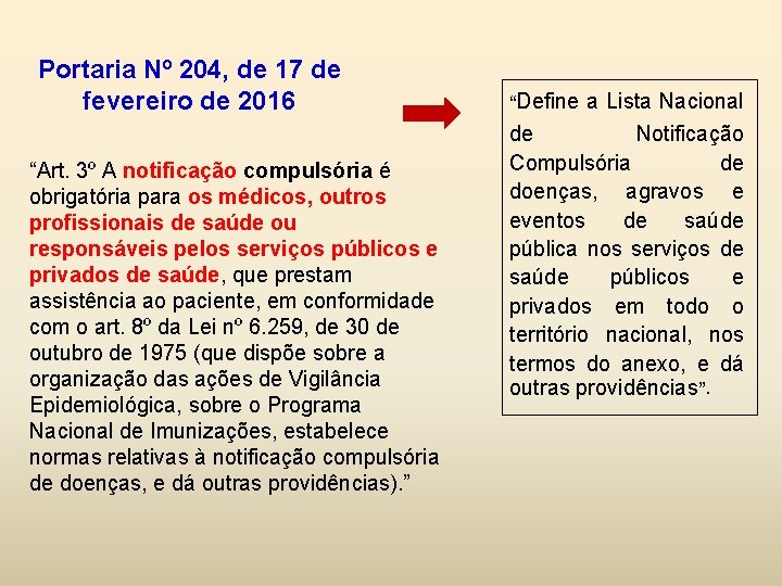 Portaria Nº 204, de 17 de fevereiro de 2016 “Art. 3º A notificação compulsória