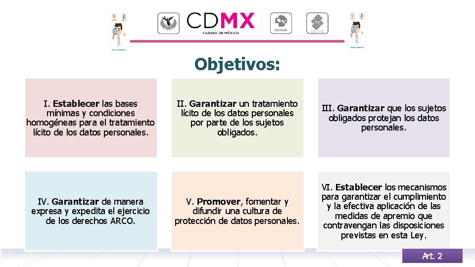 Objetivos: I. Establecer las bases mínimas y condiciones homogéneas para el tratamiento lícito de