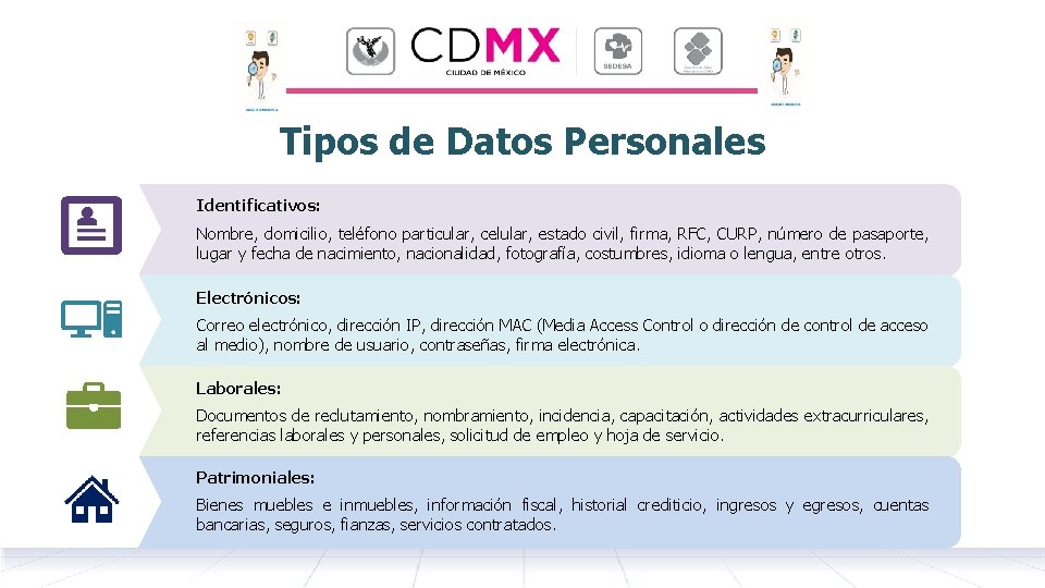 Tipos de Datos Personales Identificativos: Nombre, domicilio, teléfono particular, celular, estado civil, firma, RFC,