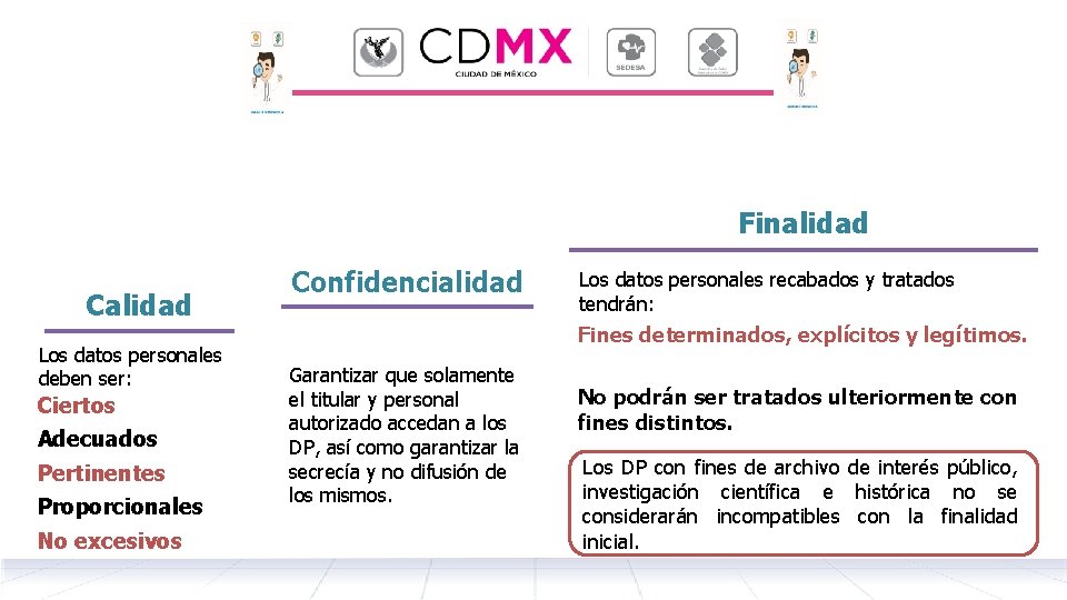 Finalidad Calidad Los datos personales deben ser: Ciertos Adecuados Pertinentes Proporcionales No excesivos Confidencialidad