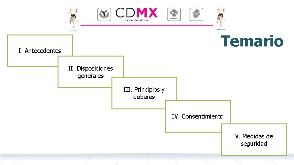 Temario I. Antecedentes II. Disposiciones generales III. Principios y deberes IV. Consentimiento V. Medidas