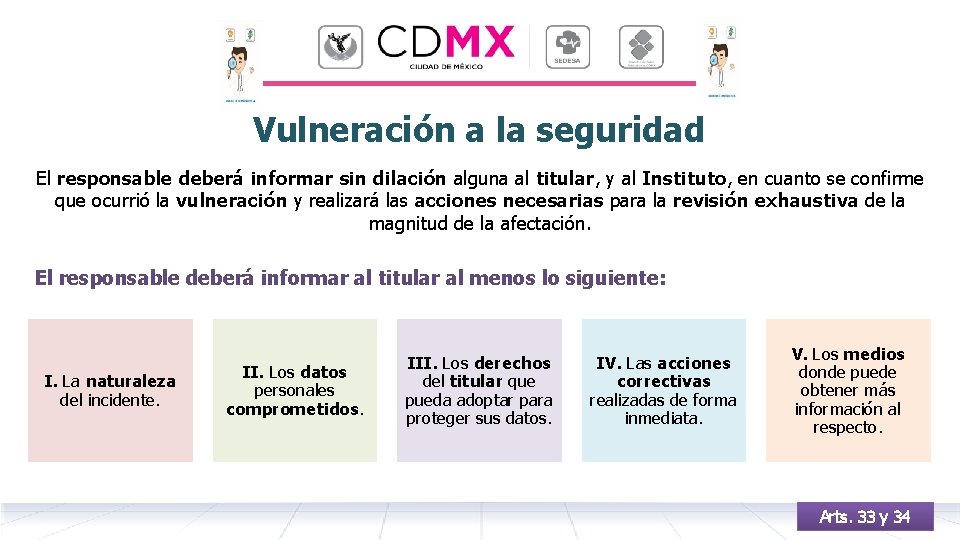 Vulneración a la seguridad El responsable deberá informar sin dilación alguna al titular, y