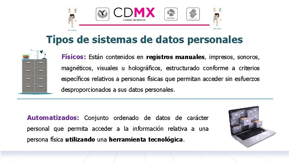 Tipos de sistemas de datos personales Físicos: Están contenidos en registros manuales, impresos, sonoros,