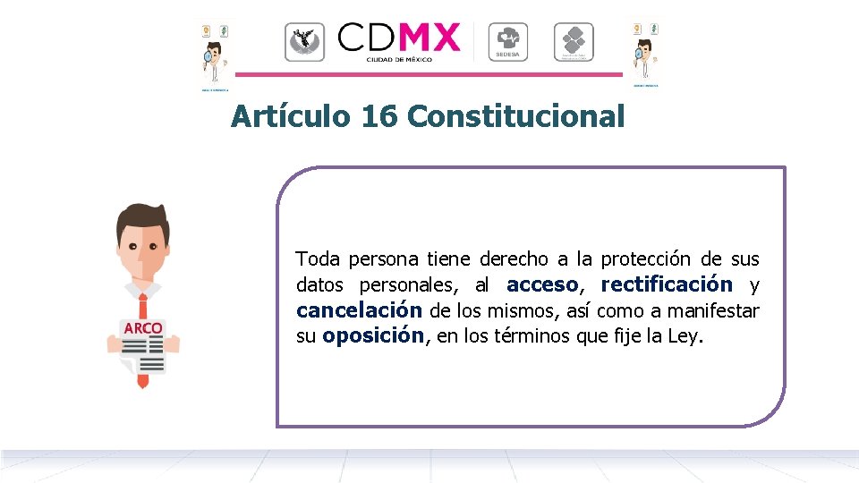 Artículo 16 Constitucional Toda persona tiene derecho a la protección de sus datos personales,