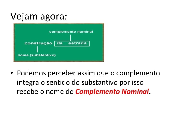 Vejam agora: • Podemos perceber assim que o complemento integra o sentido do substantivo