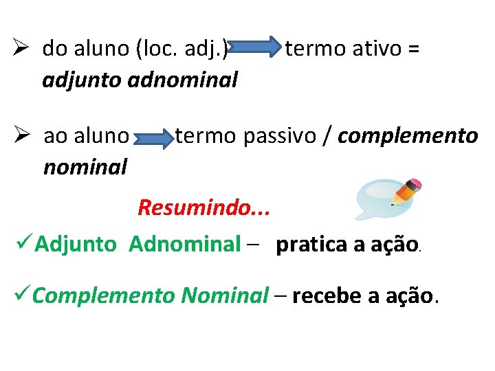 Ø do aluno (loc. adj. ) adjunto adnominal Ø ao aluno nominal termo ativo