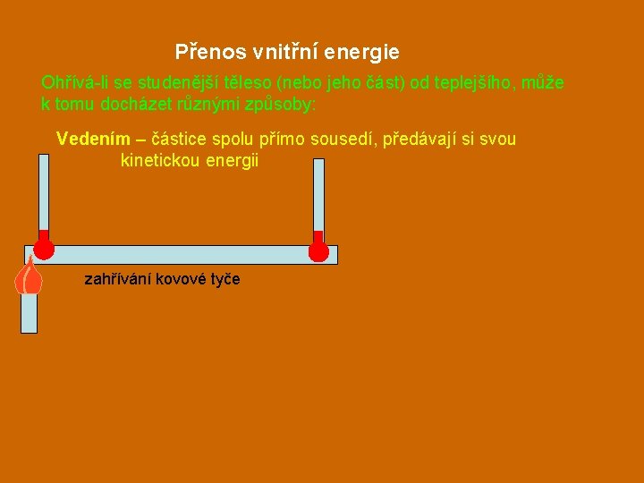 Přenos vnitřní energie Ohřívá-li se studenější těleso (nebo jeho část) od teplejšího, může k