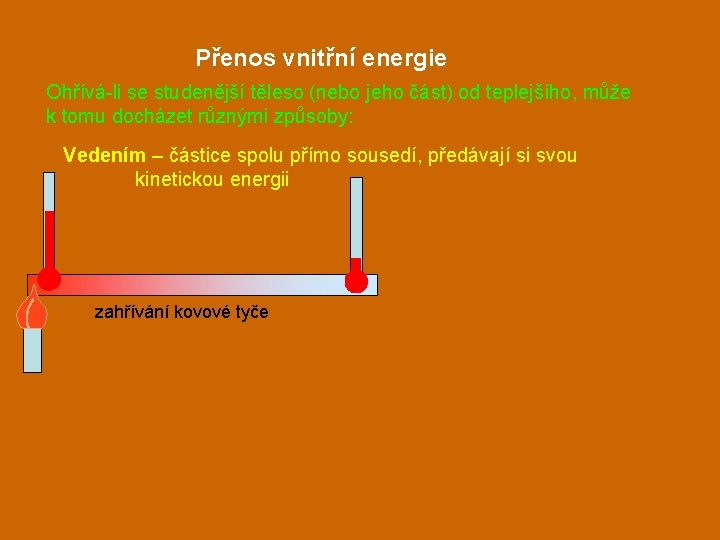 Přenos vnitřní energie Ohřívá-li se studenější těleso (nebo jeho část) od teplejšího, může k
