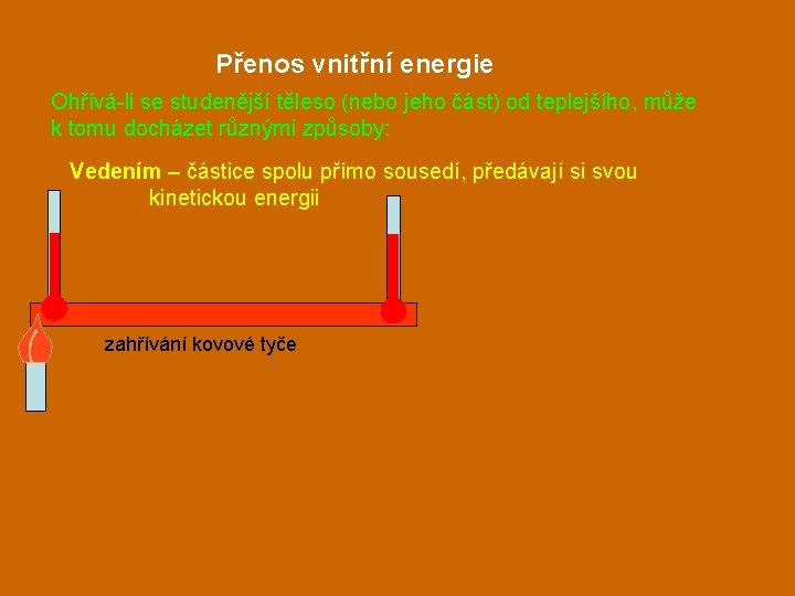 Přenos vnitřní energie Ohřívá-li se studenější těleso (nebo jeho část) od teplejšího, může k