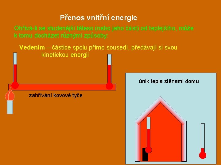 Přenos vnitřní energie Ohřívá-li se studenější těleso (nebo jeho část) od teplejšího, může k