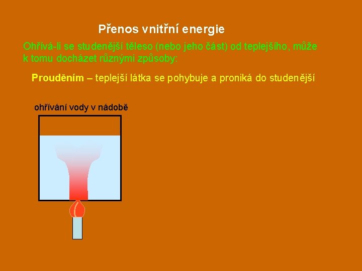Přenos vnitřní energie Ohřívá-li se studenější těleso (nebo jeho část) od teplejšího, může k