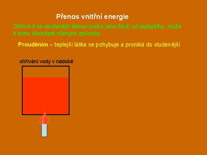 Přenos vnitřní energie Ohřívá-li se studenější těleso (nebo jeho část) od teplejšího, může k