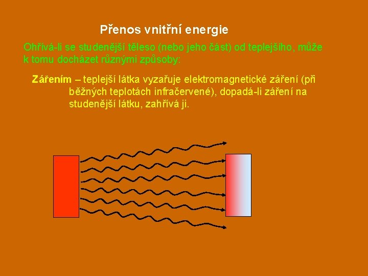 Přenos vnitřní energie Ohřívá-li se studenější těleso (nebo jeho část) od teplejšího, může k