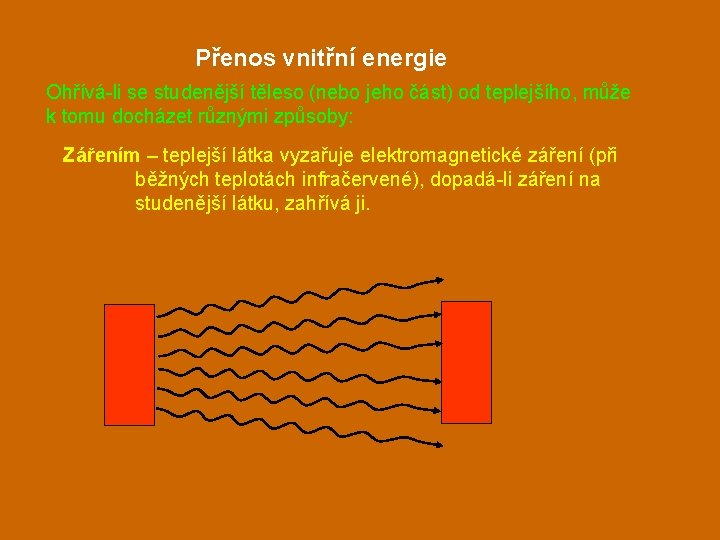 Přenos vnitřní energie Ohřívá-li se studenější těleso (nebo jeho část) od teplejšího, může k