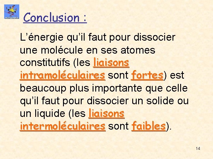 Conclusion : L’énergie qu’il faut pour dissocier une molécule en ses atomes constitutifs (les