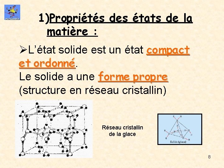 1)Propriétés des états de la matière : ØL’état solide est un état compact et