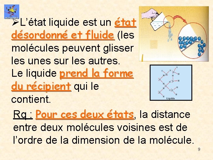 ØL’état liquide est un état désordonné et fluide (les fluide molécules peuvent glisser les