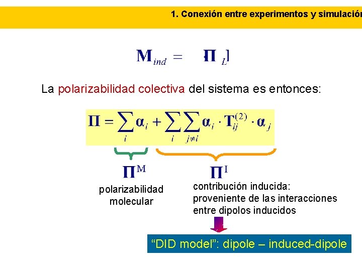 1. Conexión entre experimentos y simulación La polarizabilidad colectiva del sistema es entonces: polarizabilidad