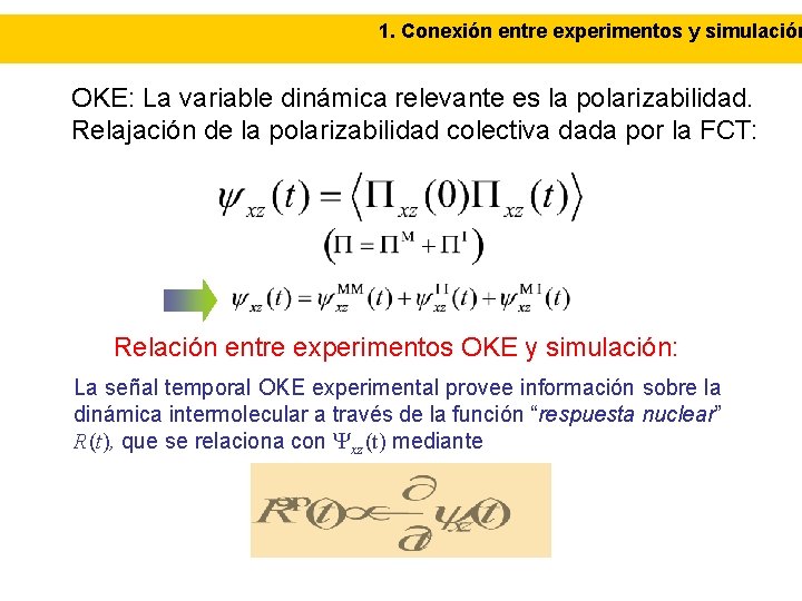 1. Conexión entre experimentos y simulación OKE: La variable dinámica relevante es la polarizabilidad.