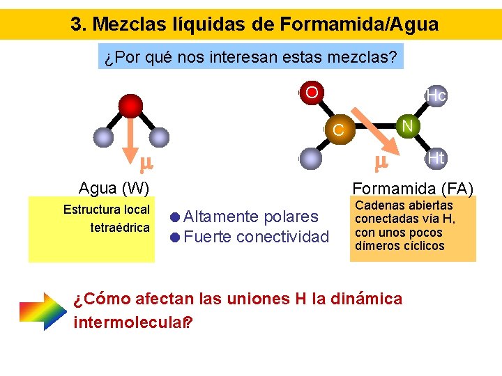 3. Mezclas líquidas de Formamida/Agua ¿Por qué nos interesan estas mezclas? O Hc N